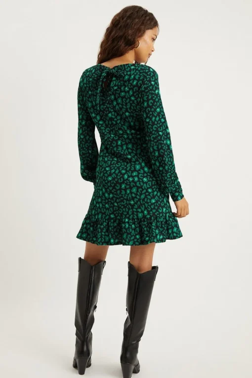 Petite Green Leopard Frill Hem Mini Dress