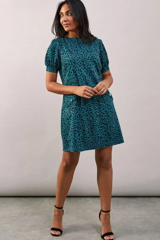 Petite Green Short Sleeve Jacquard Ponte Shift Dress