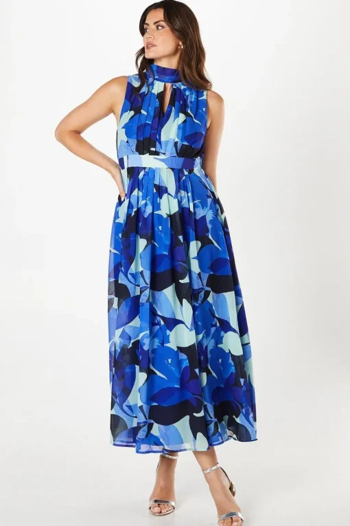 Petite High Neck Pleat Detail Sleeveless Maxi Dress