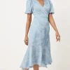 Petite Jacquard Floral Puff Sleeve Wrap Midi Dress