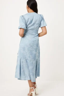 Petite Jacquard Floral Puff Sleeve Wrap Midi Dress