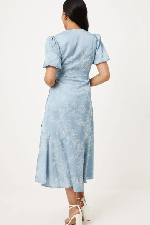 Petite Jacquard Floral Puff Sleeve Wrap Midi Dress