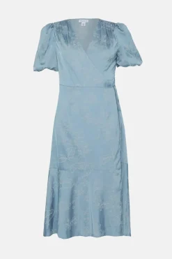 Petite Jacquard Floral Puff Sleeve Wrap Midi Dress