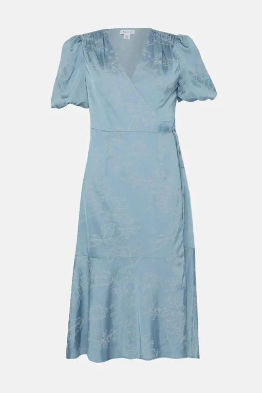 Petite Jacquard Floral Puff Sleeve Wrap Midi Dress