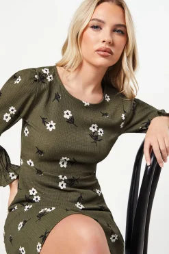 Petite Khaki Floral V Neck Mini Dress
