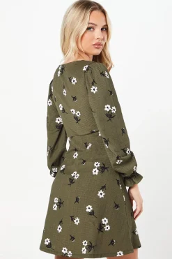 Petite Khaki Floral V Neck Mini Dress