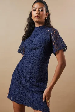 Petite Lace High Neck Button Mini Dress