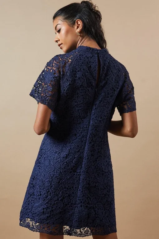 Petite Lace High Neck Button Mini Dress