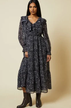 Petite Large Floral Chiffon Ruffle Midaxi Dress