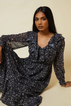 Petite Large Floral Chiffon Ruffle Midaxi Dress