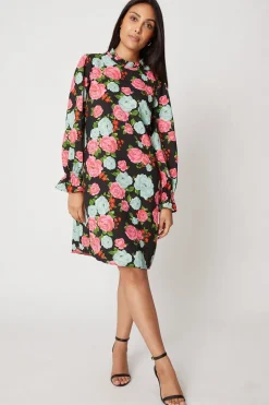 Petite Large Floral Ruffle Neck Shift Dress