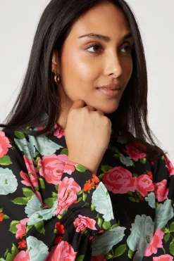Petite Large Floral Ruffle Neck Shift Dress