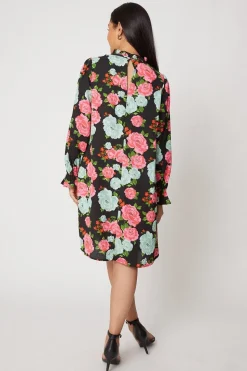 Petite Large Floral Ruffle Neck Shift Dress
