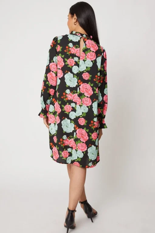 Petite Large Floral Ruffle Neck Shift Dress