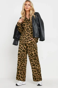 Petite Leopard Print Drawstring Wide Leg Trousers