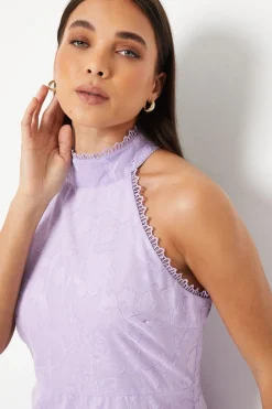 Petite Lilac Satin Jacquard Halterneck Midi Dress