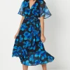 Petite Navy Floral Print Wrap Midi Dress