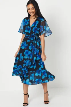Petite Navy Floral Print Wrap Midi Dress