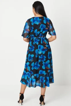 Petite Navy Floral Print Wrap Midi Dress