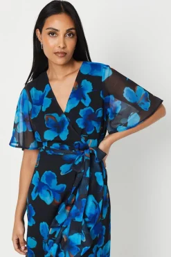 Petite Navy Floral Print Wrap Midi Dress