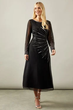 Petite Occasion Embellished Sequin Long Sleeve Midi Dress