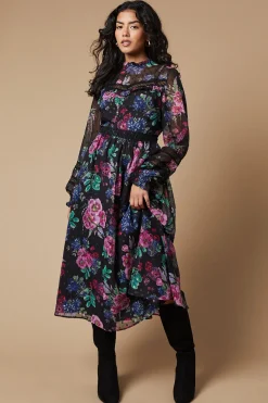 Petite Occasion Floral Glitter Lace Trim Midi Dress