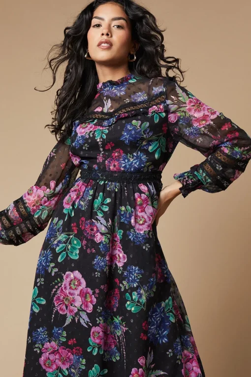 Petite Occasion Floral Glitter Lace Trim Midi Dress