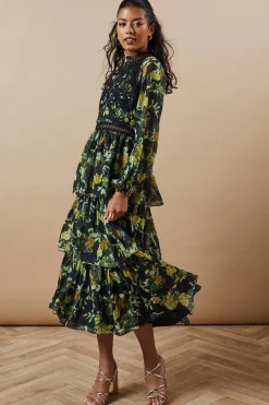 Petite Occasion Floral Lace Trim Dobby Chiffon Tiered Midaxi Dress