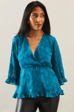 Petite Occasion Jacquard Ruffle Wrap Blouse