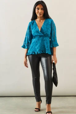 Petite Occasion Jacquard Ruffle Wrap Blouse
