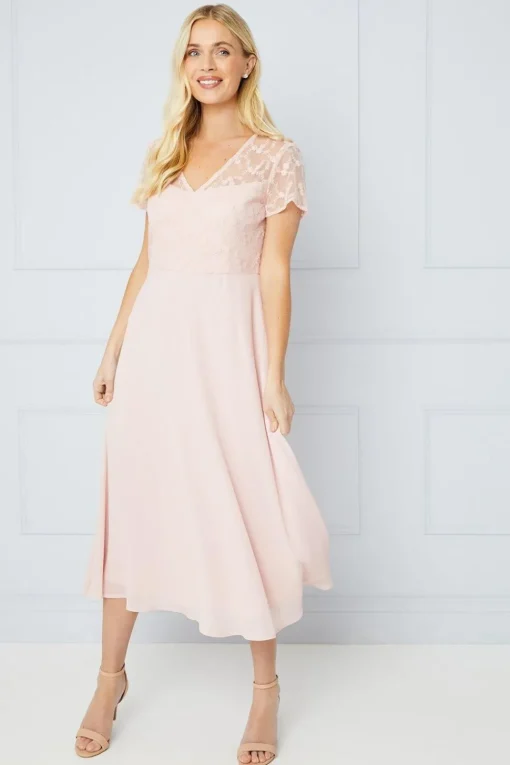 Petite Occasion Lace Short Sleeve Midi Dress
