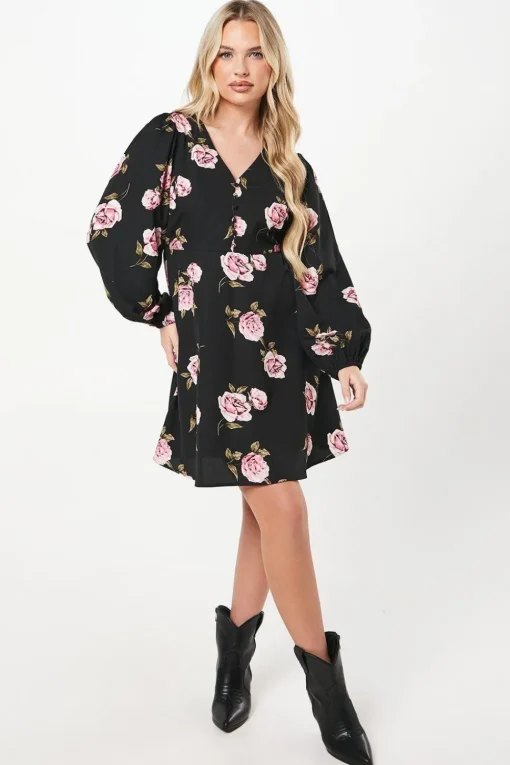 Petite Pink Floral Button Front Mini Dress