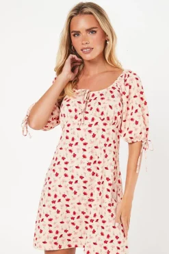 Petite Pink Floral Tie Front Mini Dress