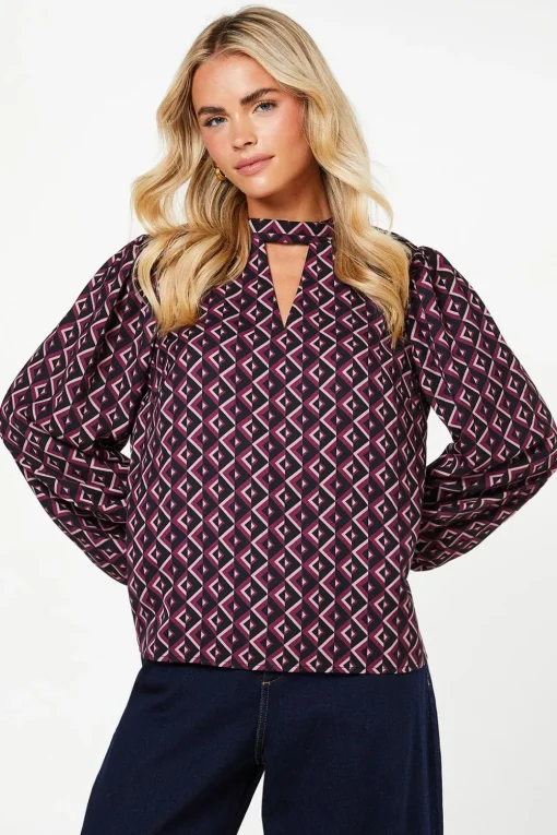 Petite Pink Geo Keyhole Blouse