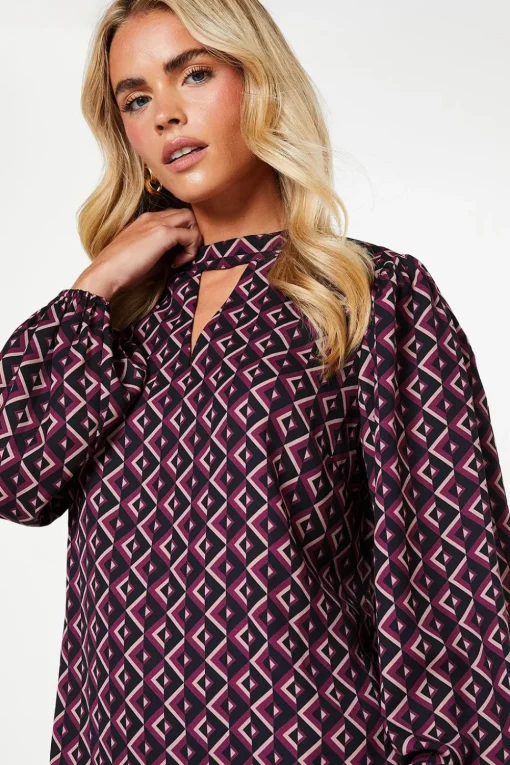 Petite Pink Geo Keyhole Blouse