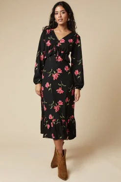 Petite Pink Large Floral Tie Front Ruffle Bust Long Sleeve Midi Dress
