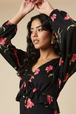 Petite Pink Large Floral Tie Front Ruffle Bust Long Sleeve Midi Dress