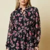 Petite Pink Rose Chiffon Lace Insert Long Sleeve Mini Dress