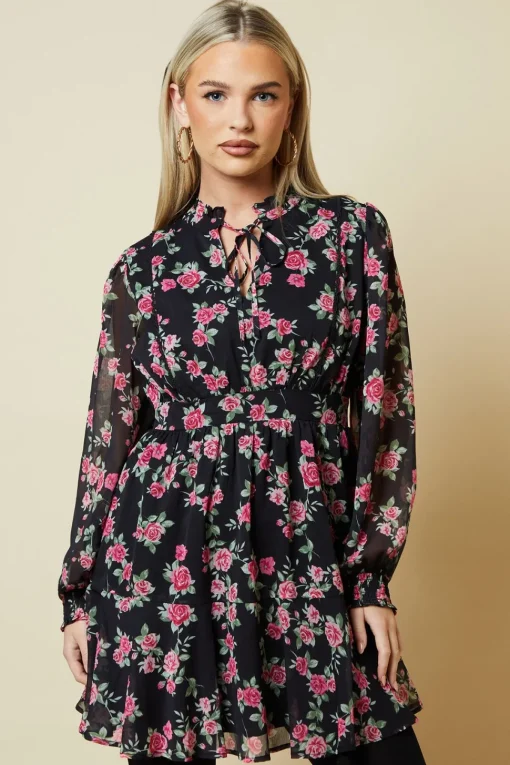 Petite Pink Rose Chiffon Lace Insert Long Sleeve Mini Dress