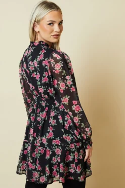 Petite Pink Rose Chiffon Lace Insert Long Sleeve Mini Dress