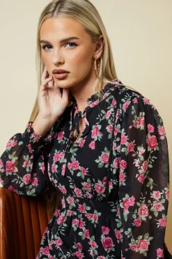 Petite Pink Rose Chiffon Lace Insert Long Sleeve Mini Dress