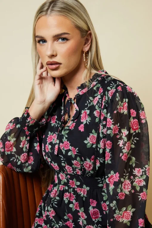 Petite Pink Rose Chiffon Lace Insert Long Sleeve Mini Dress