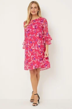 Petite Pink Watercolour Floral Ruffle Sleeve Shift Dress