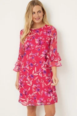 Petite Pink Watercolour Floral Ruffle Sleeve Shift Dress