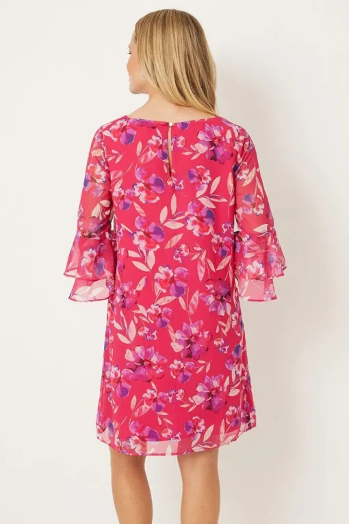 Petite Pink Watercolour Floral Ruffle Sleeve Shift Dress