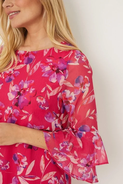 Petite Pink Watercolour Floral Ruffle Sleeve Shift Dress