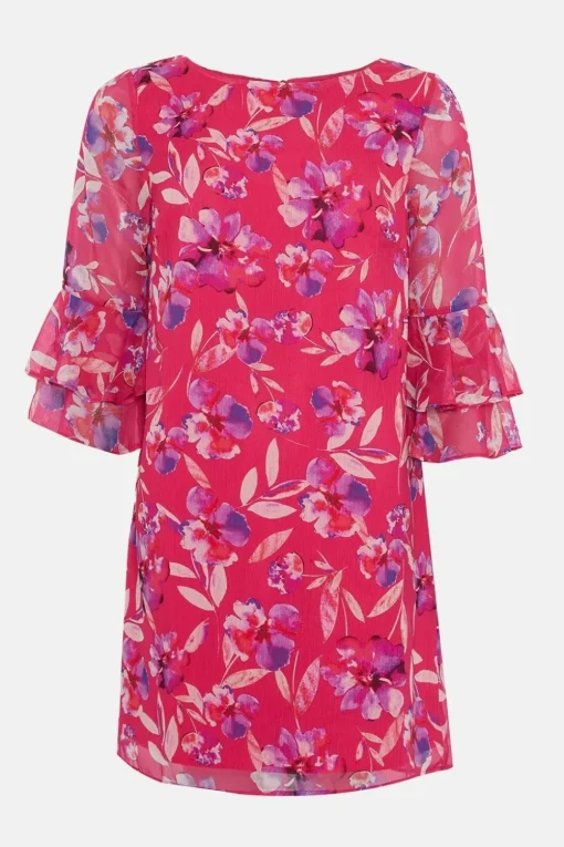 Petite Pink Watercolour Floral Ruffle Sleeve Shift Dress