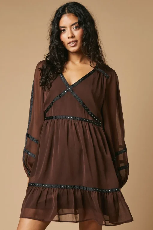 Petite Plain Stud Trim Detail Mini Dress