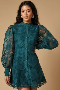 Petite Premium Organza Lace Trim Mini Shirt Dress