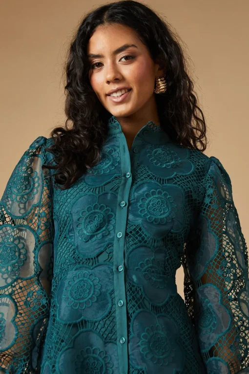 Petite Premium Organza Lace Trim Mini Shirt Dress